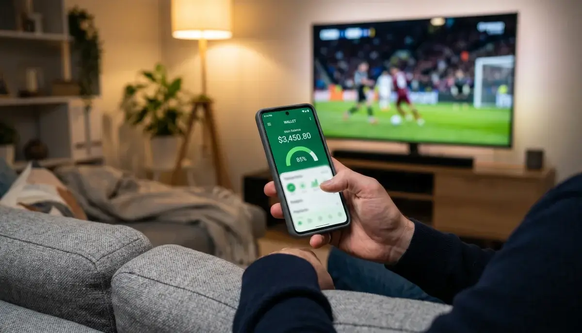 Hånd holder smartphone med digital tegnebog-app i en sofa med fjernsyn i baggrunden